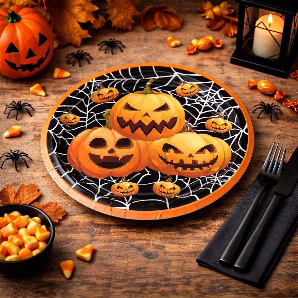 Assiette Noire Jetable Imprimé Citrouilles