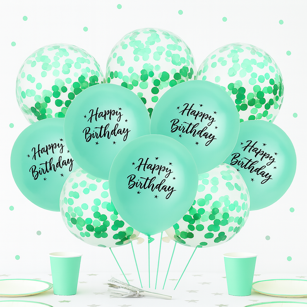 Ballons Happy Birthday à Confettis Verts