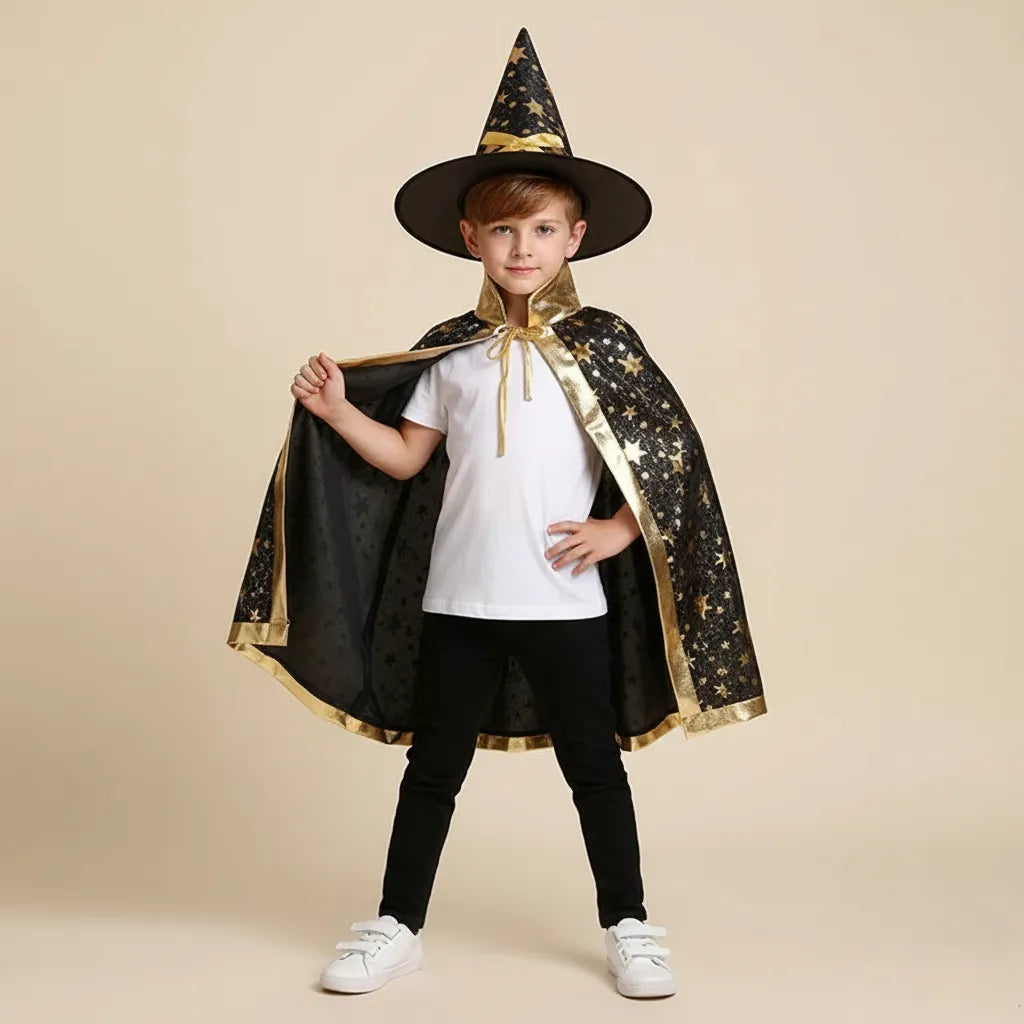 Cape et Chapeau Noir et Doré