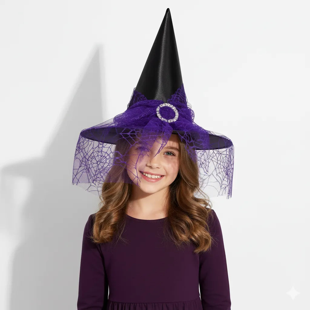 Chapeau de Sorcière à Voile Noir et Violet