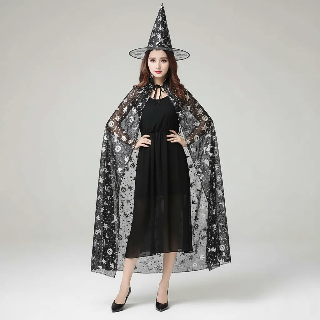 Chapeau et Cape de Sorcière Femme à Motifs Argentés Chic