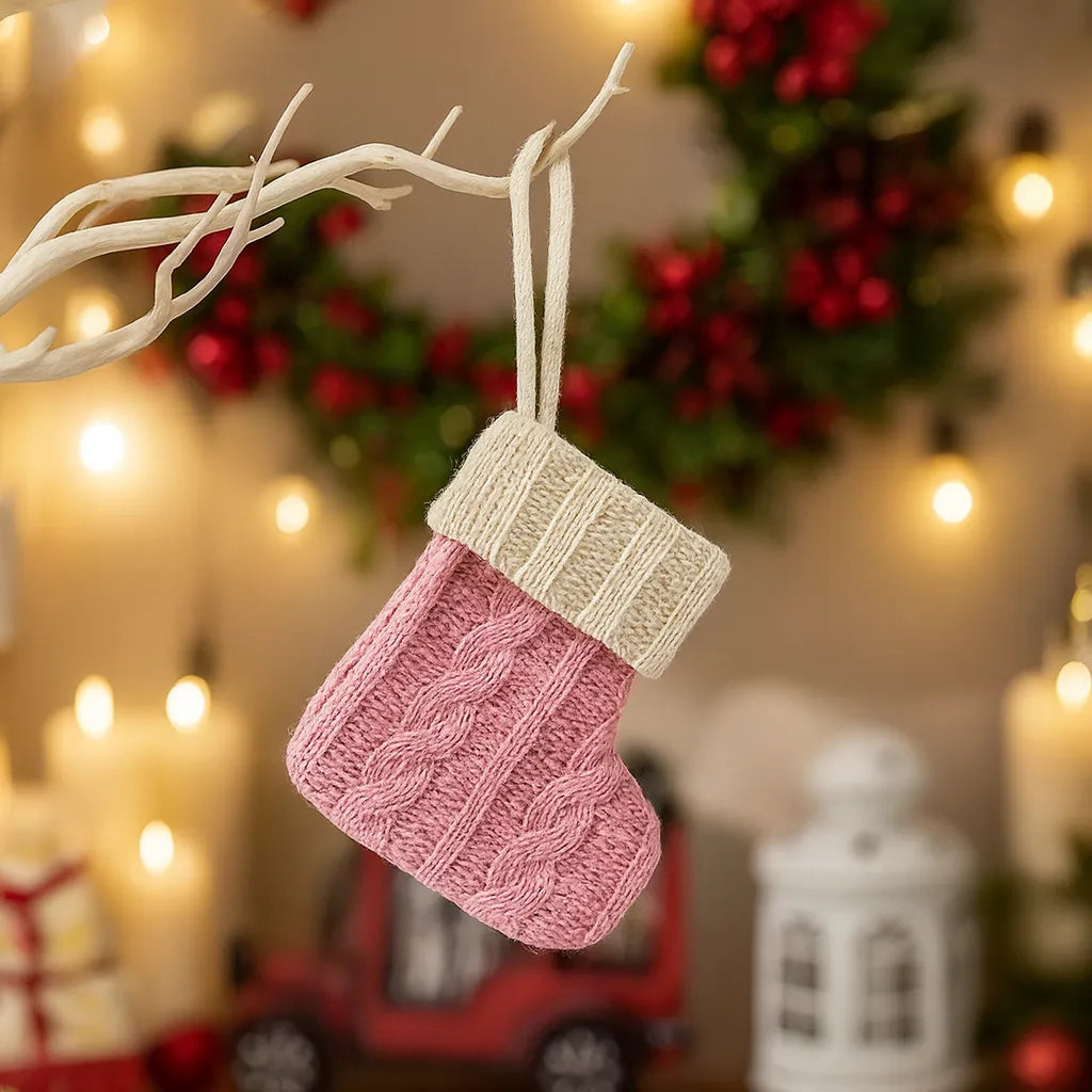 Chaussette Noël Crochet Rose et Blanc chic