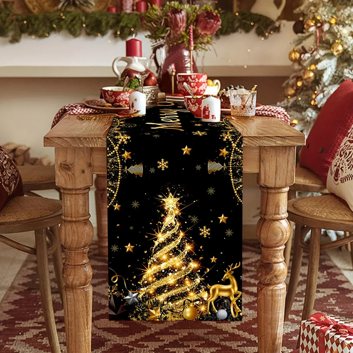 Chemin de Table Noël Noir et Or Stylé