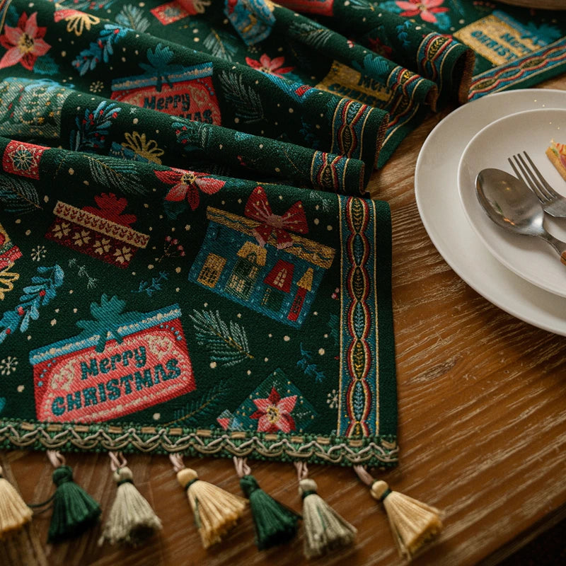 Chemin de Table Noël Vert à Pompons Festif