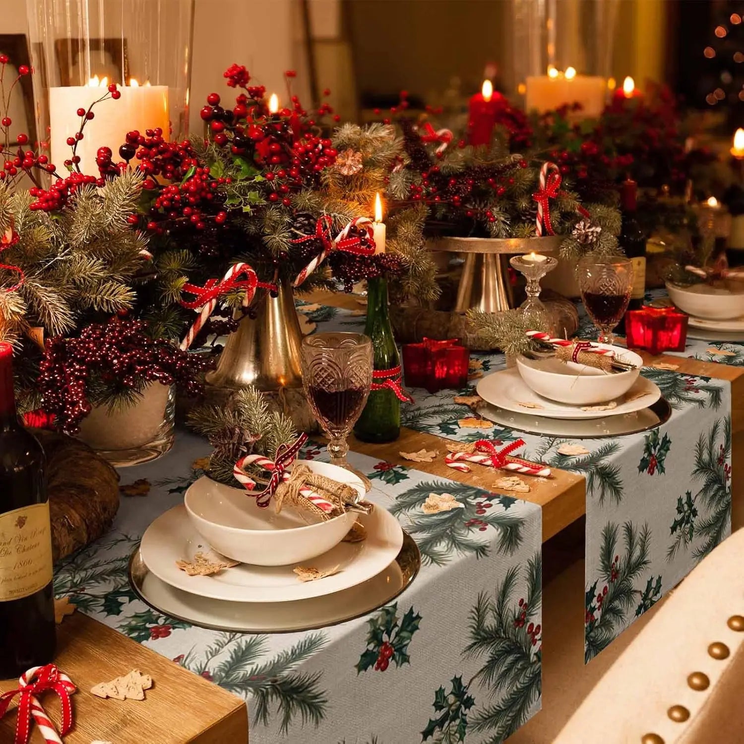 Chemin de Table Noël en Lin Baies de Houx