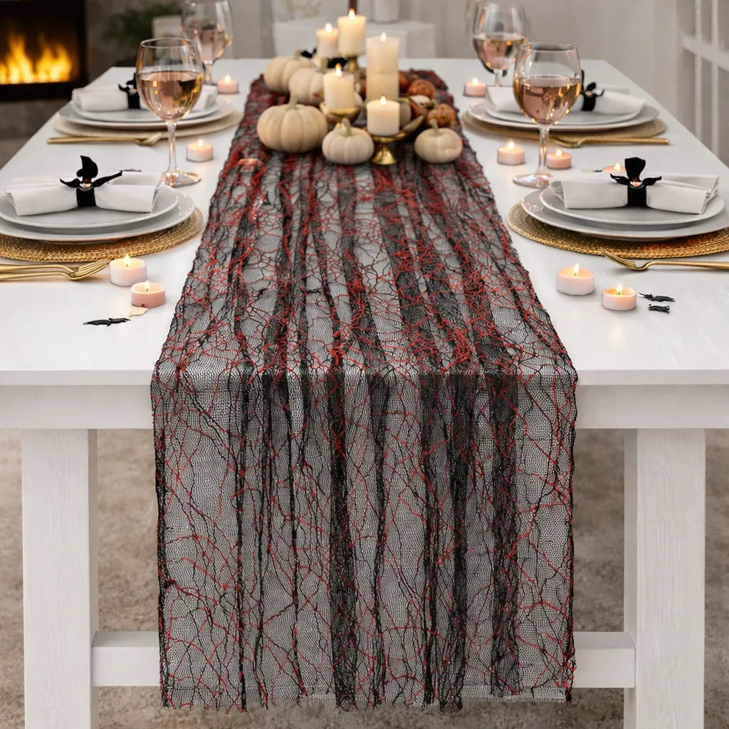 Chemin de Table Toile d’Araignée Noire et Rouge