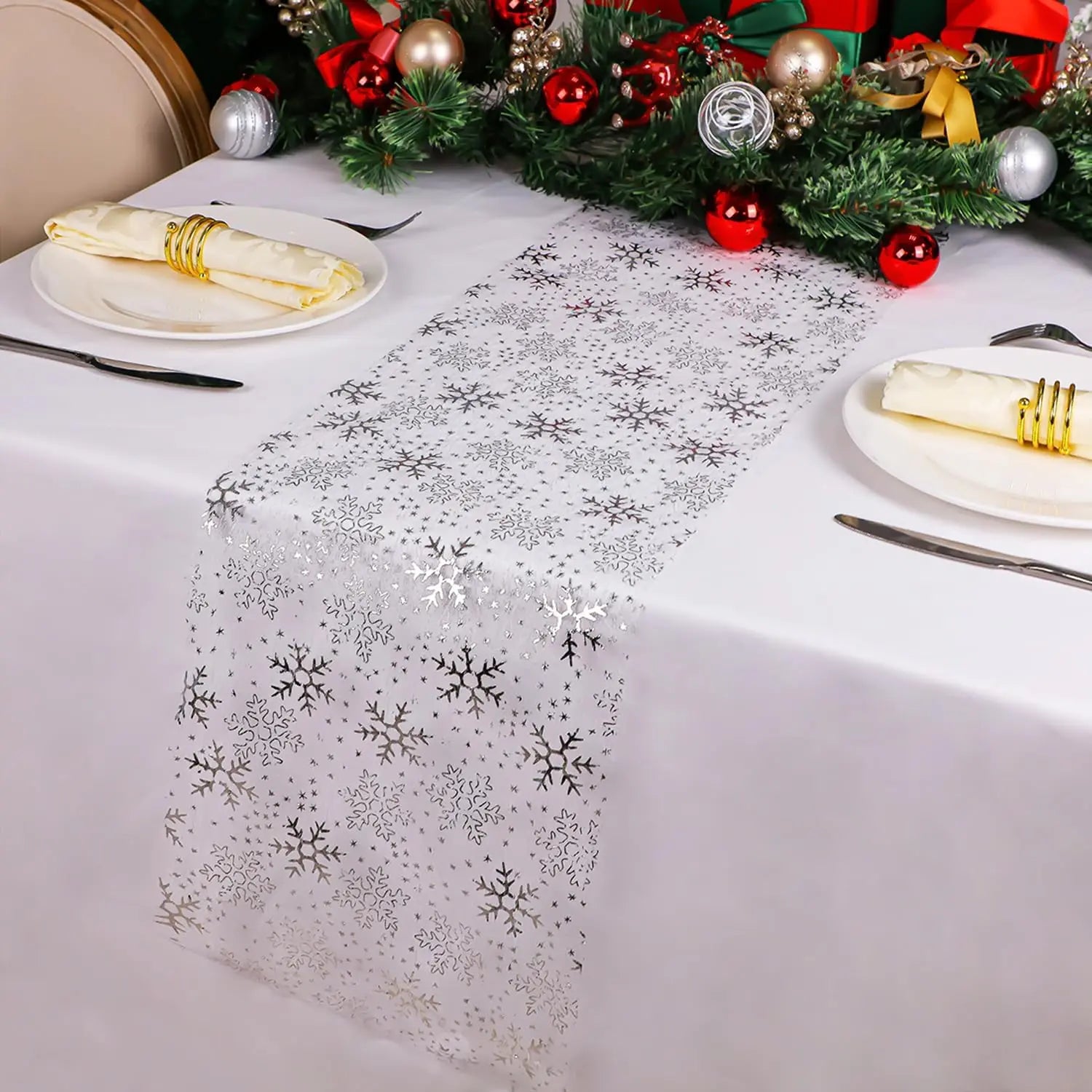 Chemin de Table en Organza à Flocons Argentés Stylé