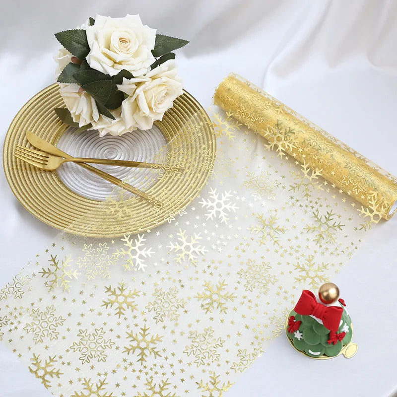 Chemin de Table en Organza à Flocons Dorés Design