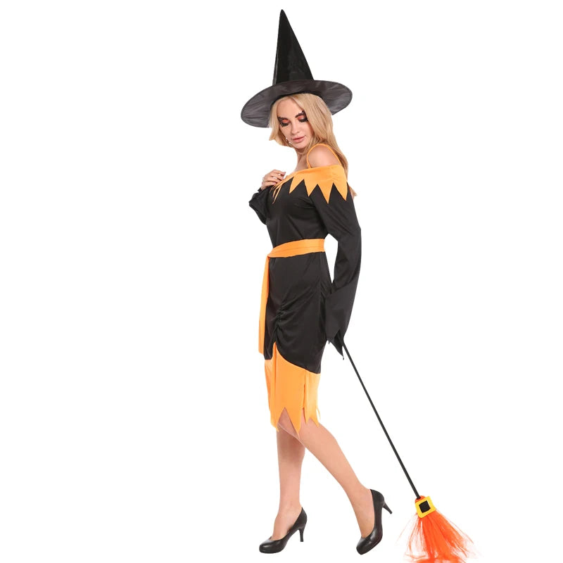 Déguisement Sorcière Orange et noir avec Chapeau dos