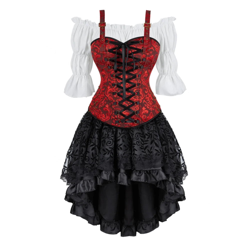 Ensemble Corset Pirate Rouge et Noir Unique