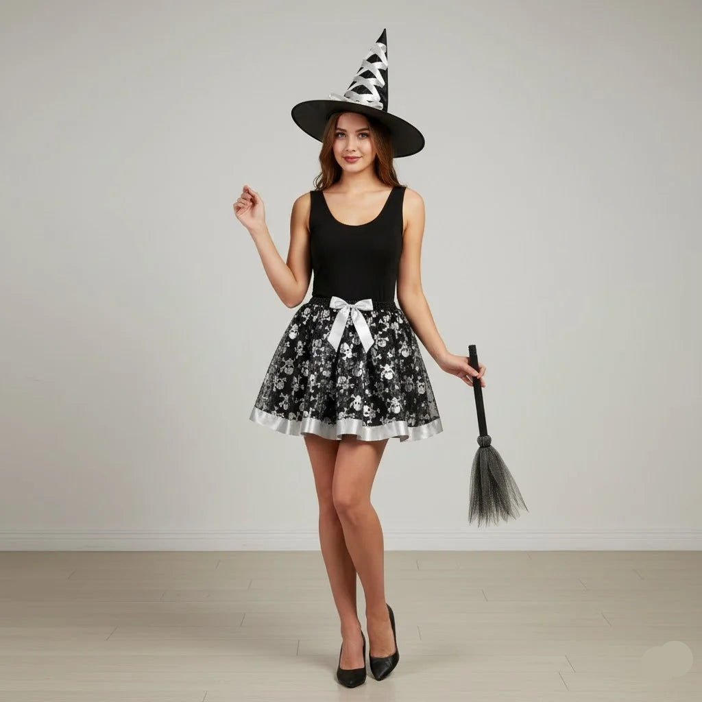 Jupe Sorcière Noire et Blanche avec Accessoires