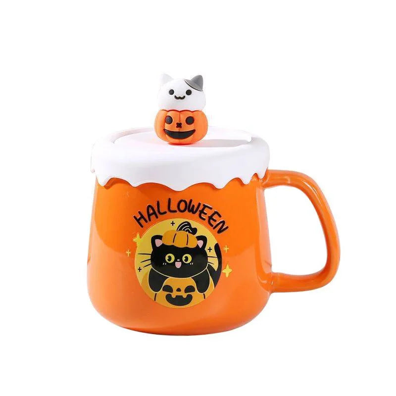 Mug Orange à Couvercle Petit Chat Halloween Unique