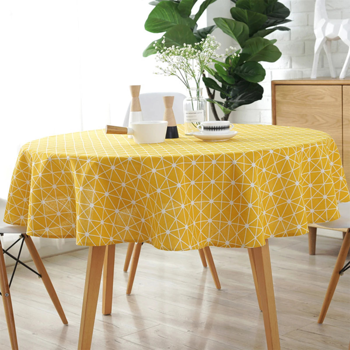 Nappe de Table Jaune Ronde à Motifs Géométrique
