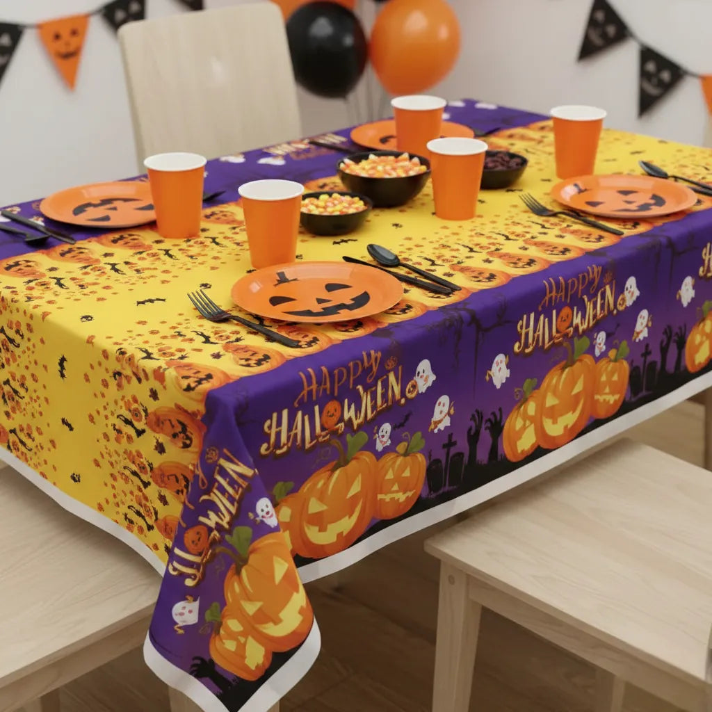Nappe happy halloween violette imprimé citrouilles original
