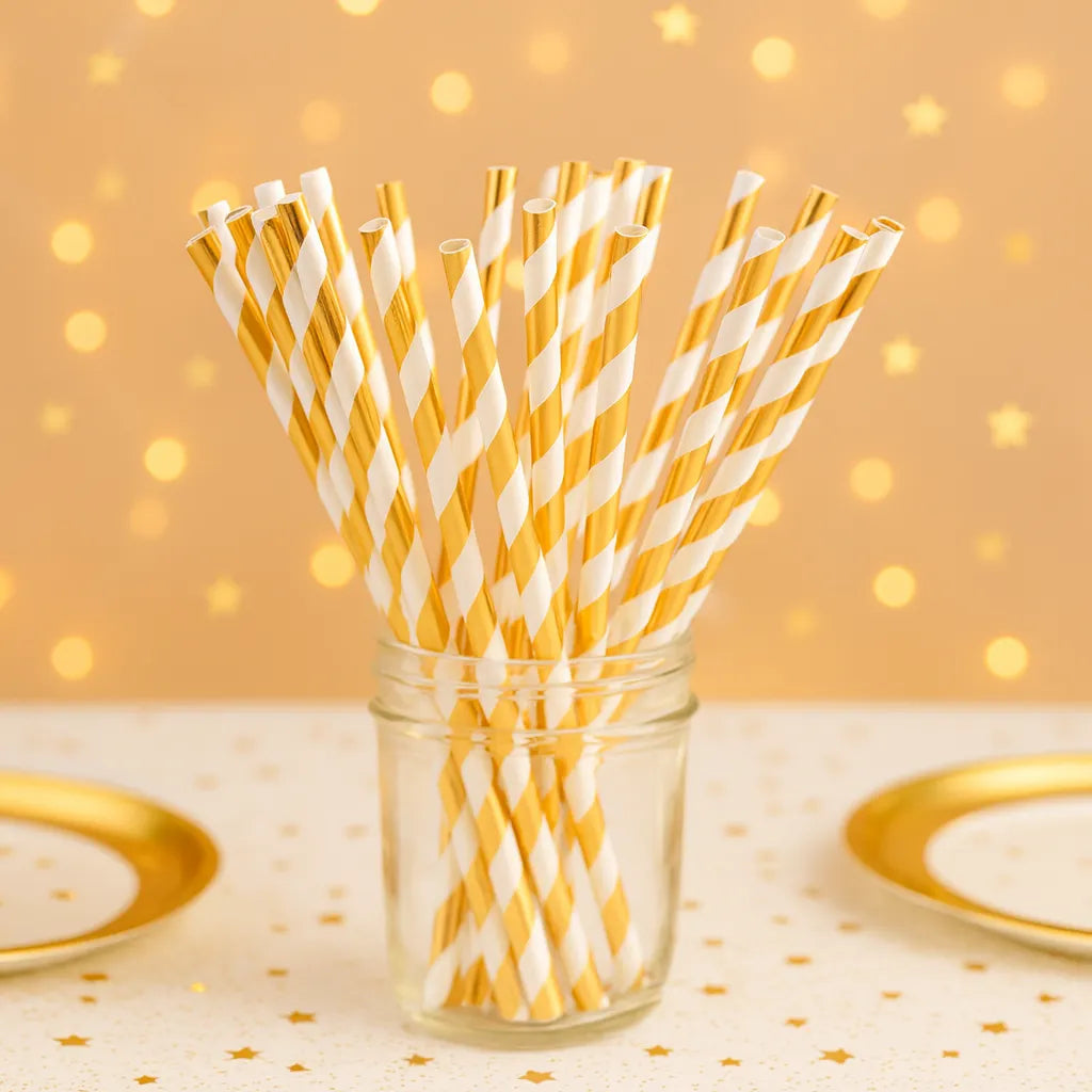 Paille en Plastique Blanche et Dorée