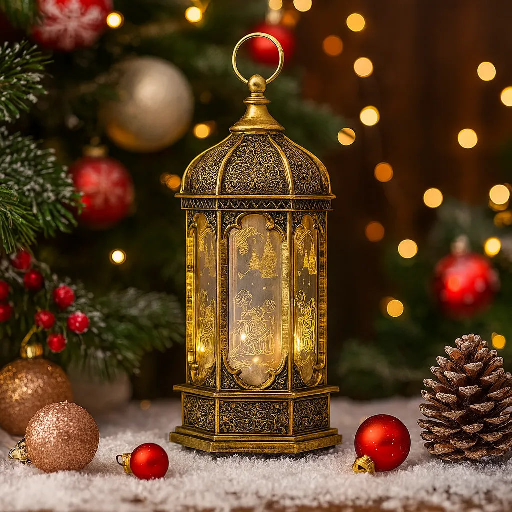 Petite Lanterne Cuivrée à Motifs Noël Dorés décoratif
