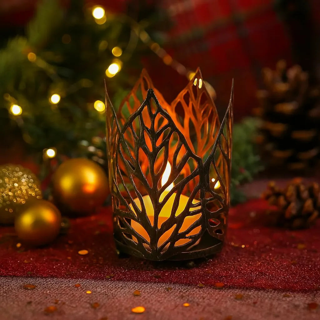 Photophore Noël Noir Feuilles chic