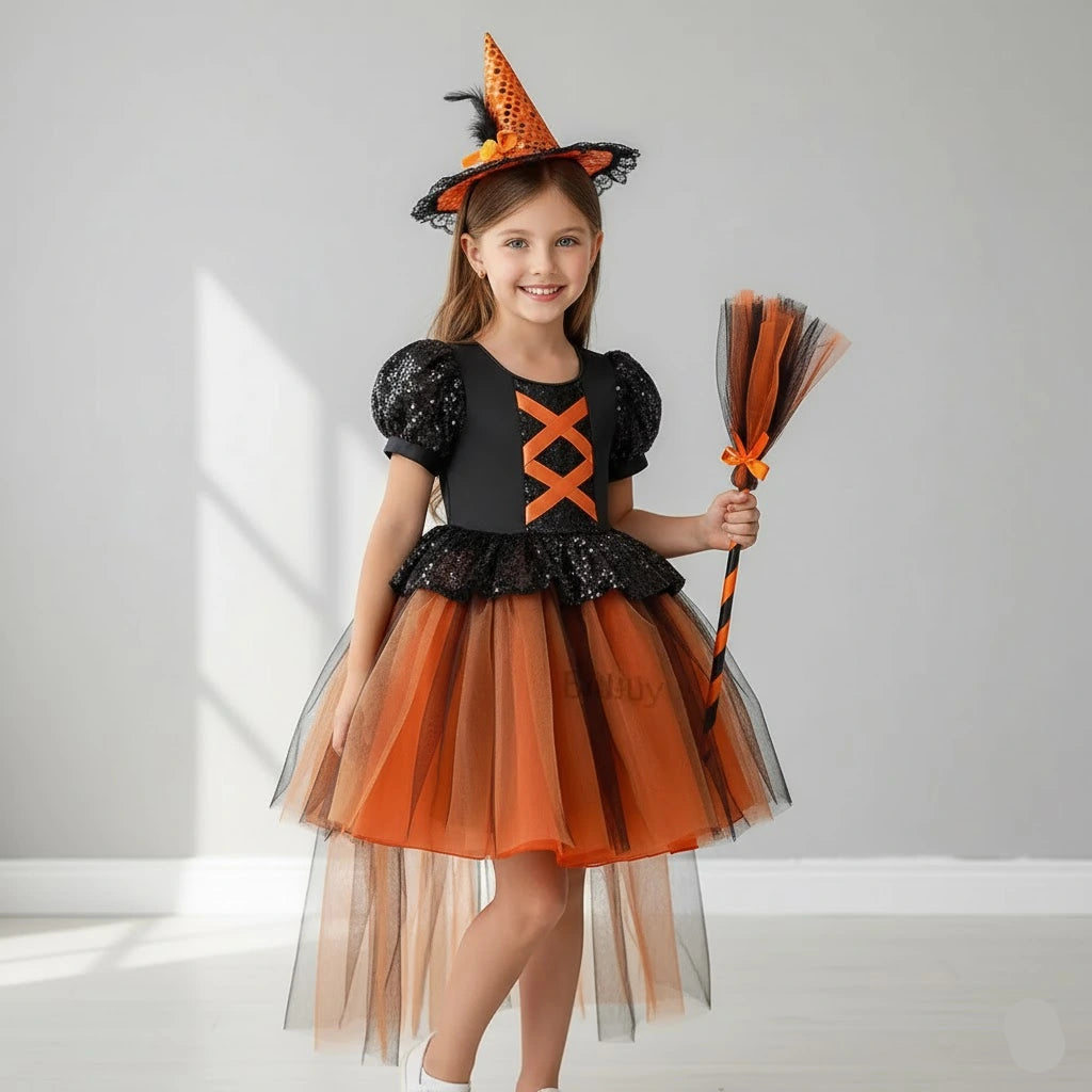 Robe Sorcière Élégante Orange et Noire pour Fille