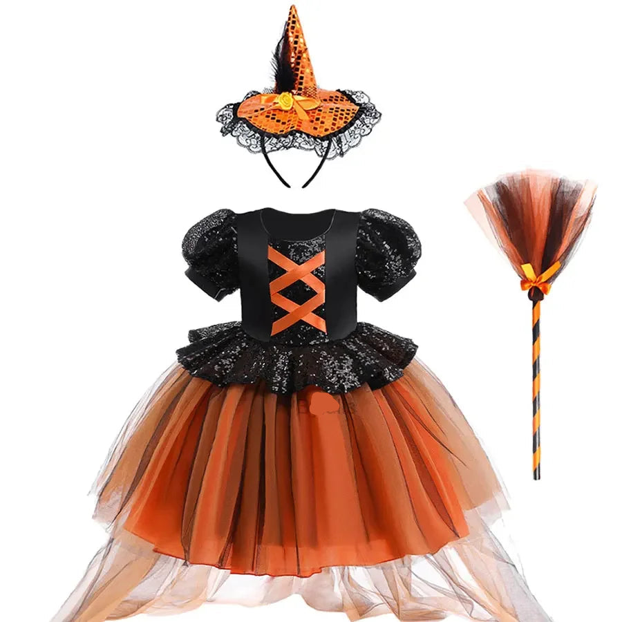 Robe Sorcière Élégante Orange et Noire pour Fille stylé