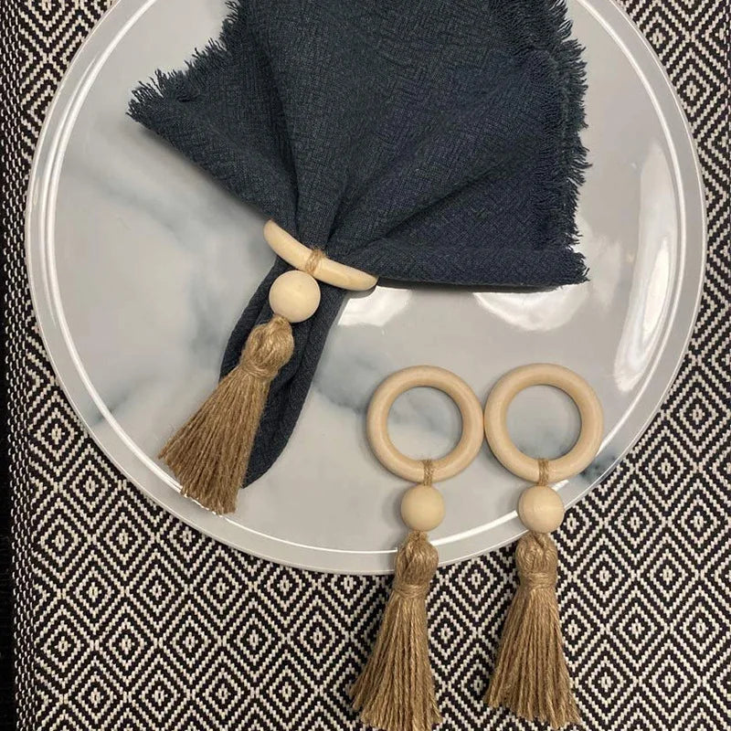 Rond de Serviette Boho à Franges Bois