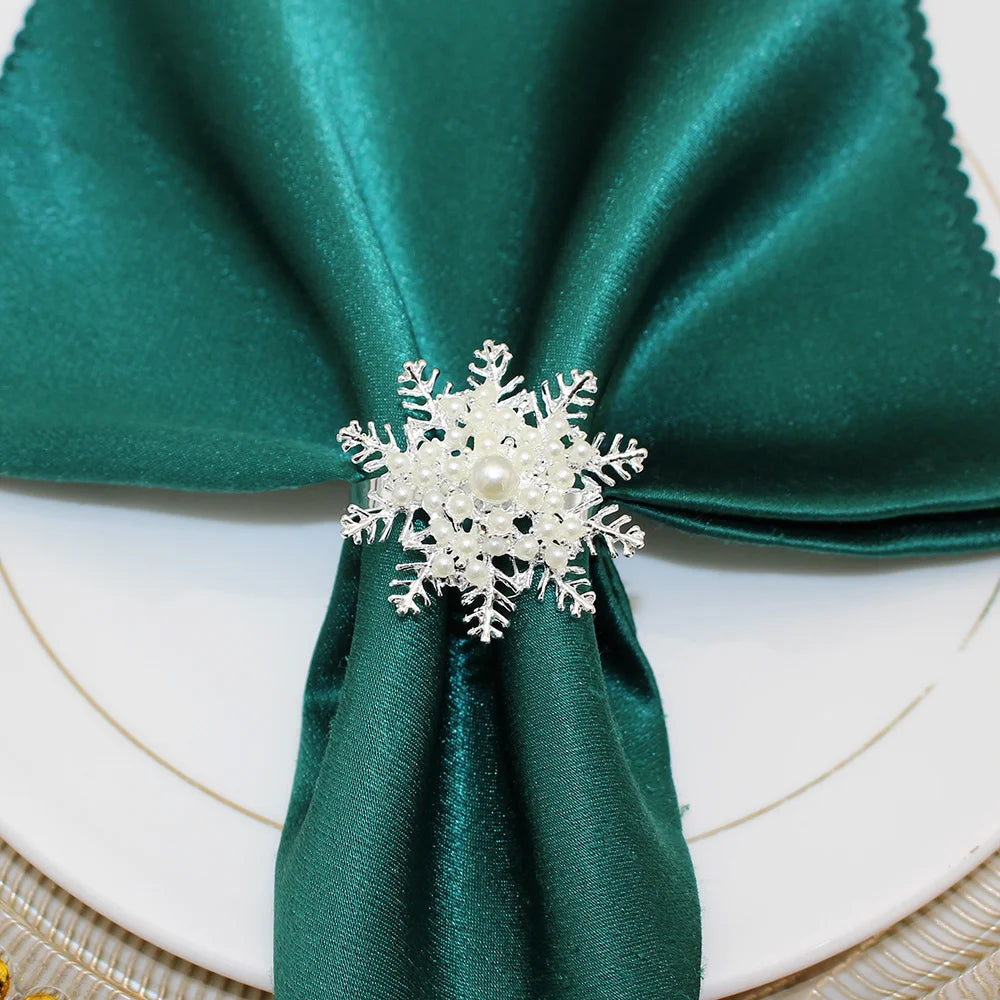 Rond de Serviette Flocon de Neige Argenté à Perles