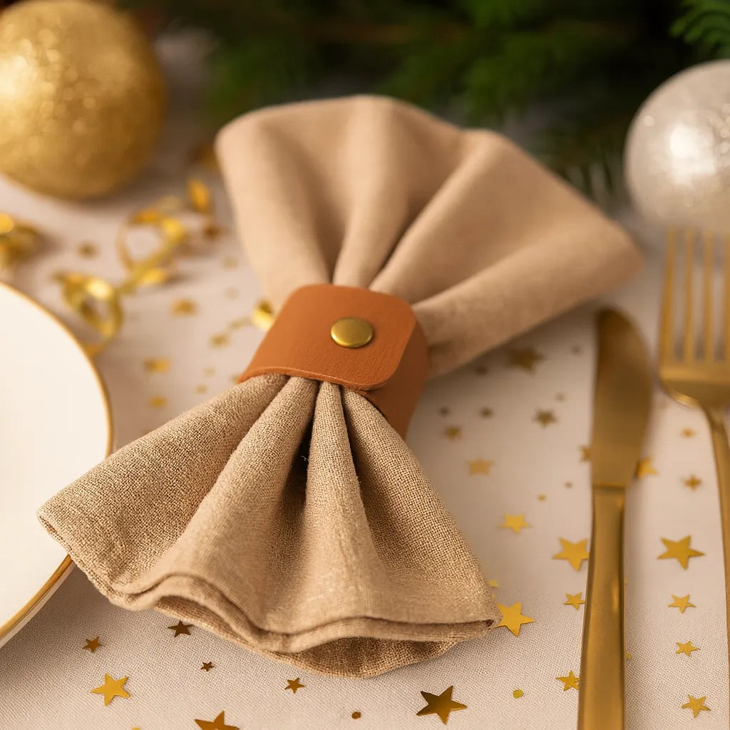 Rond de Serviette Noël en Cuir Marron