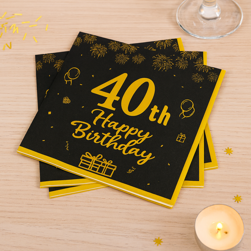 Serviette 40th Happy Birthday Noir et Or
