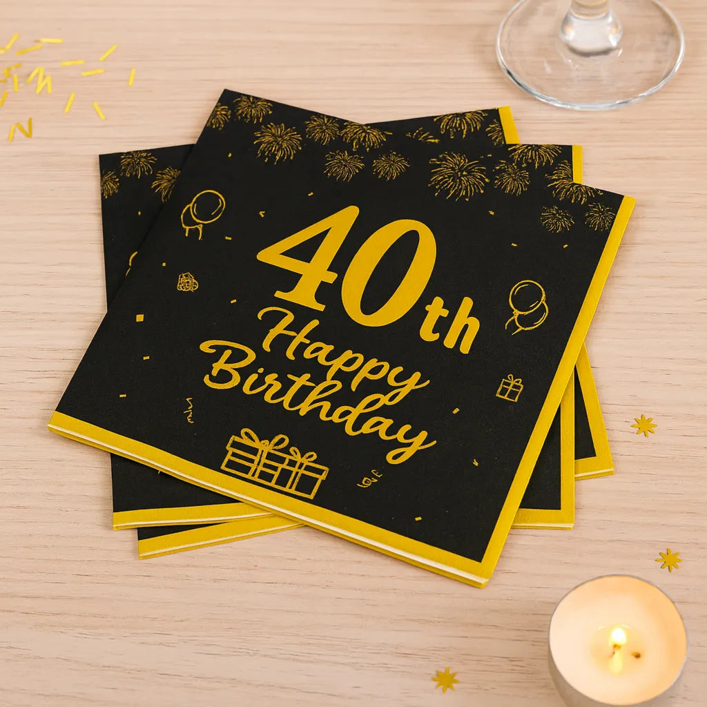 Serviette 40th Happy Birthday Noir et Or 1