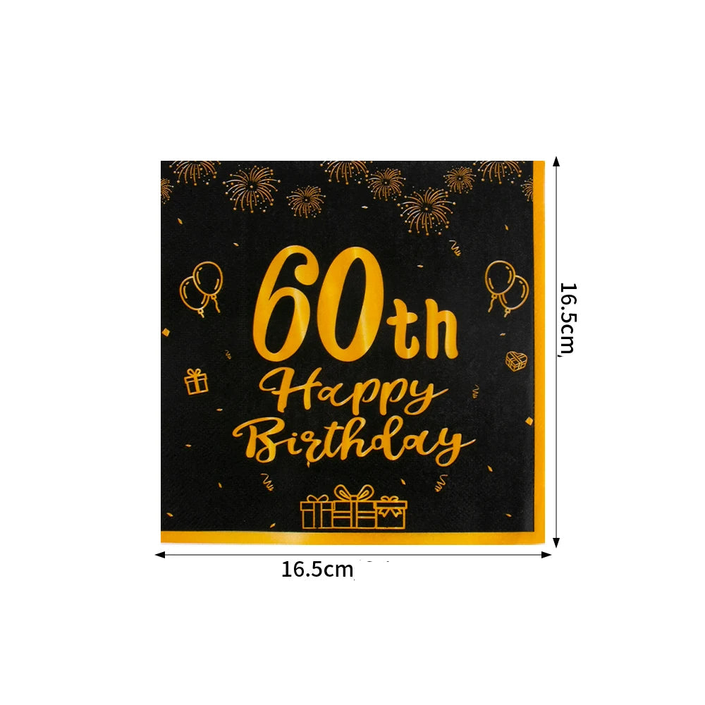 Serviette 60th Happy Birthday noir et or Elégante