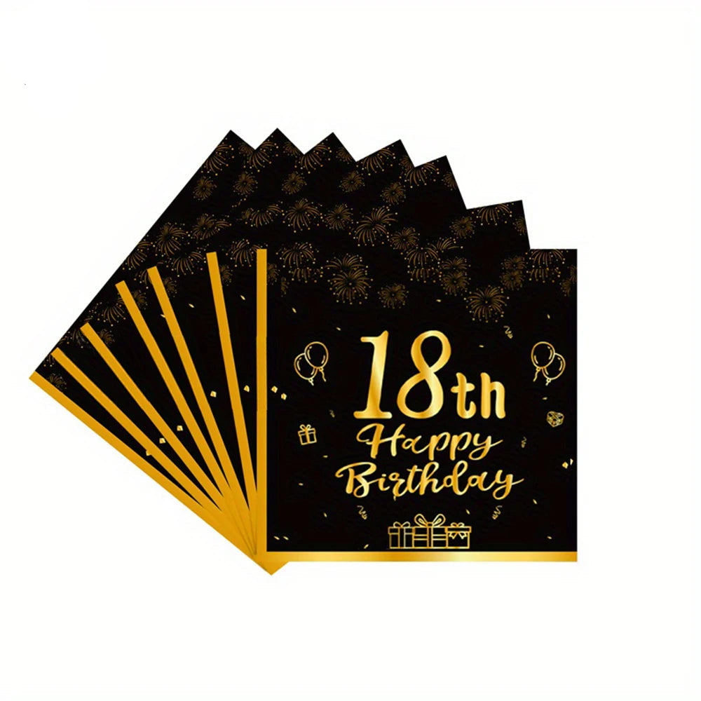 Serviette Happy Birthday Noir et Or Chic