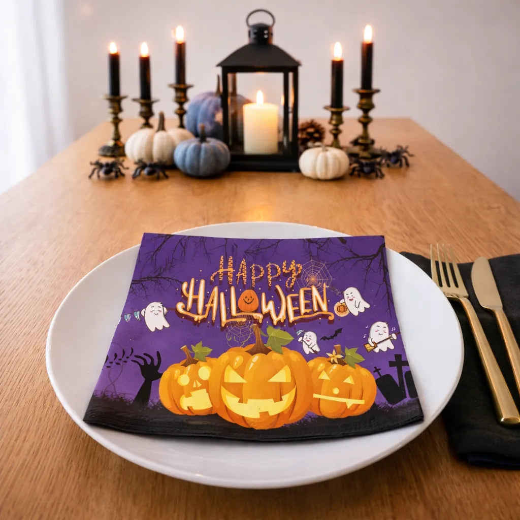 Serviette Happy Halloween Violet Imprimé Citrouilles