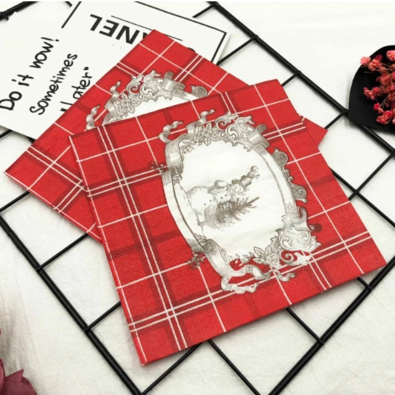 Serviette Noël Carreaux Rouge Bonhomme de Neige Légère