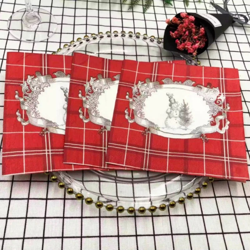 Serviette Noël Carreaux Rouge Bonhomme de Neige Résistante