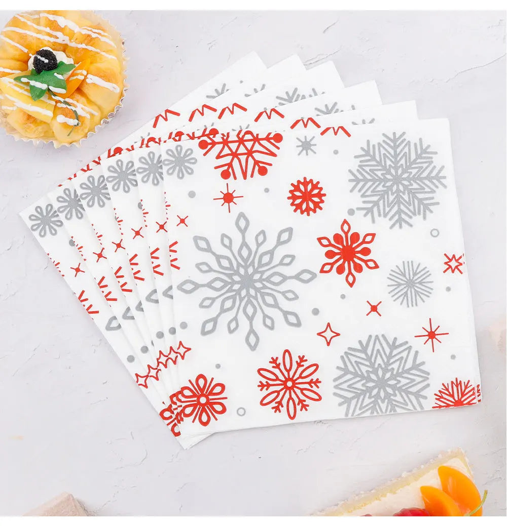 Serviette Noël en Papier Flocons Rouge et Gris Traditionnelle