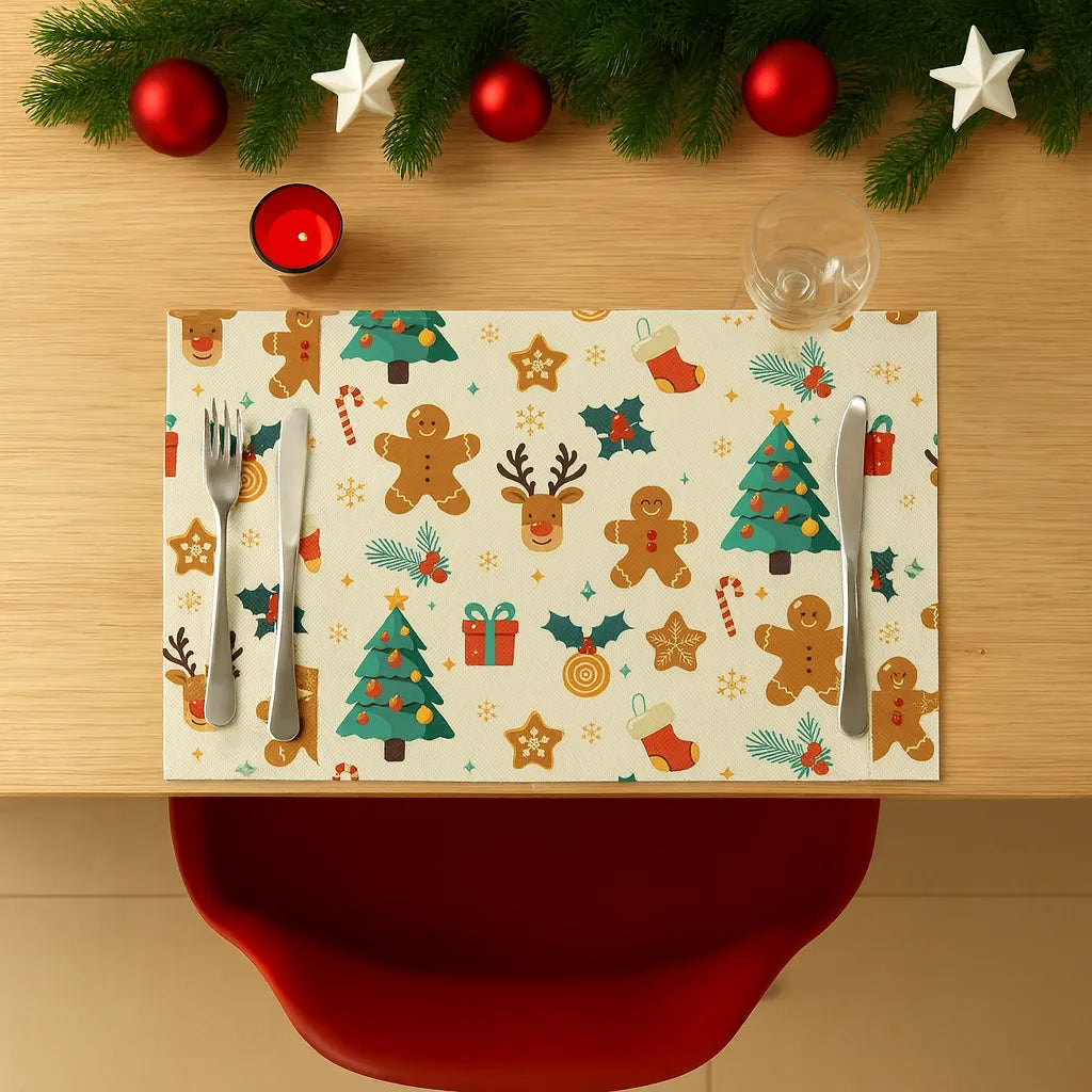 Set de Table Noël Blanc à Motifs Colorés