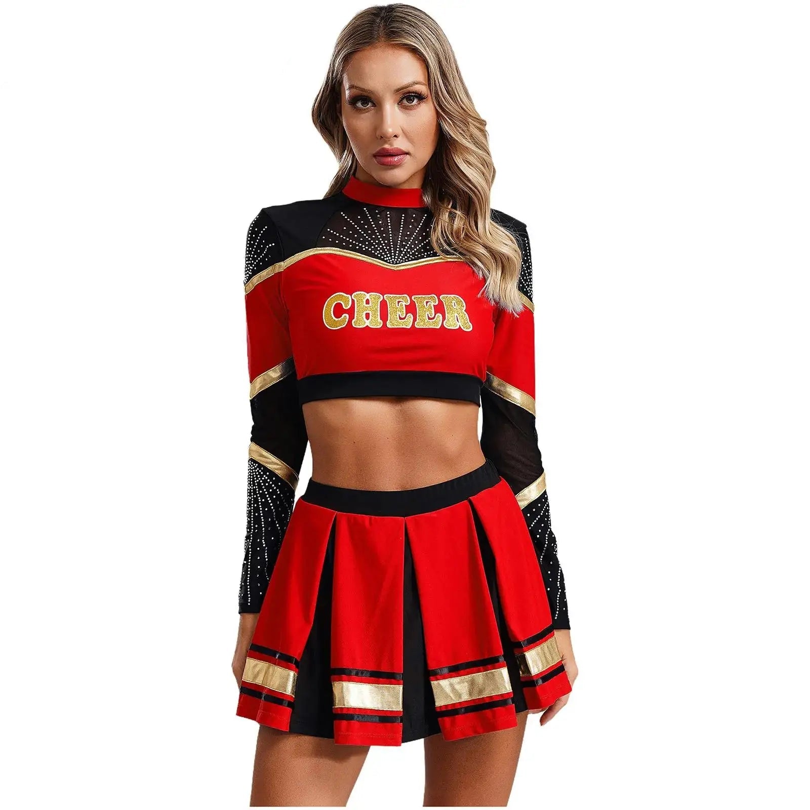 Tenue Pompom Girl Rouge à Manches Longues Devant
