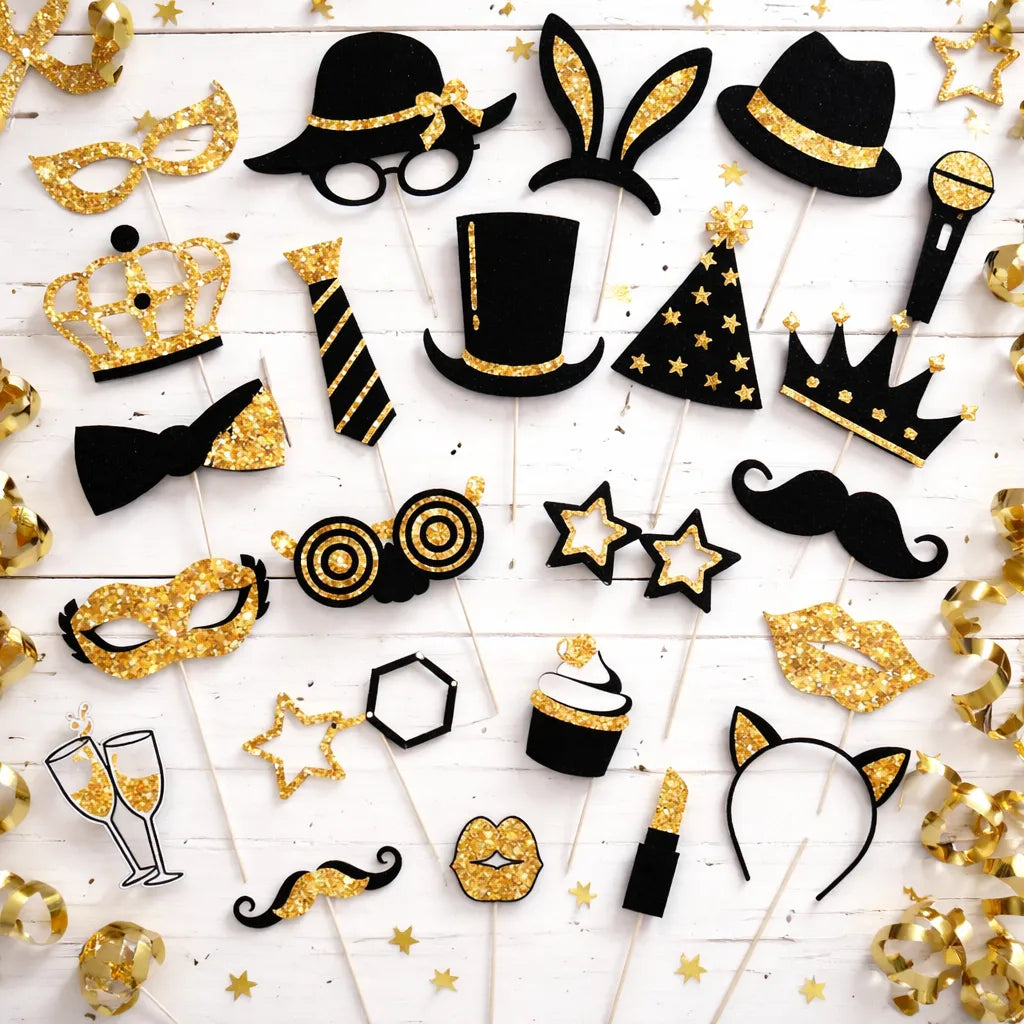 Accessoires Selfie Noir et Doré Mariage