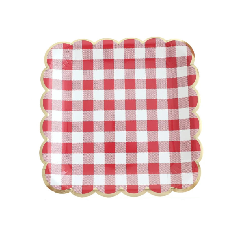 Assiette Carrée en Papier à Carreaux Rouges