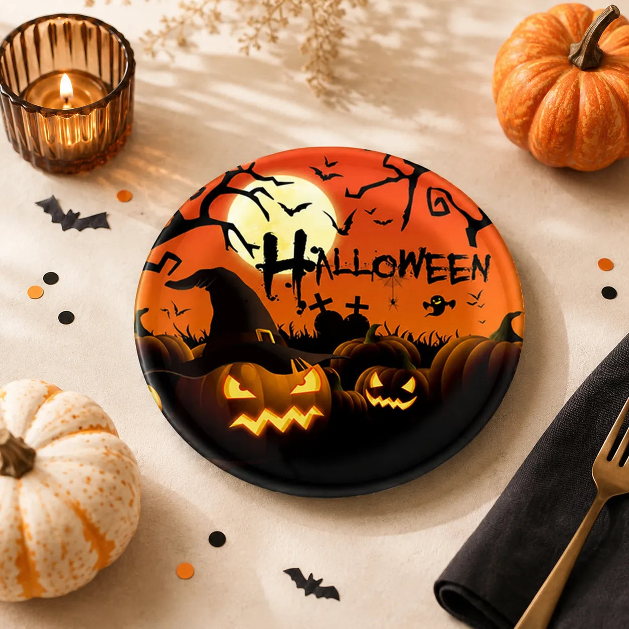 Assiette Halloween Orange Citrouilles Pratique