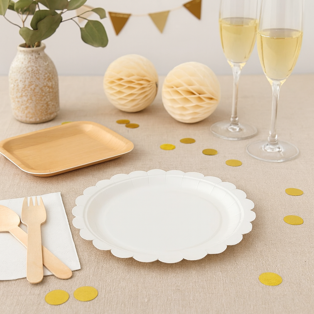 Assiette Jetable Blanche Unie en Dentelle
