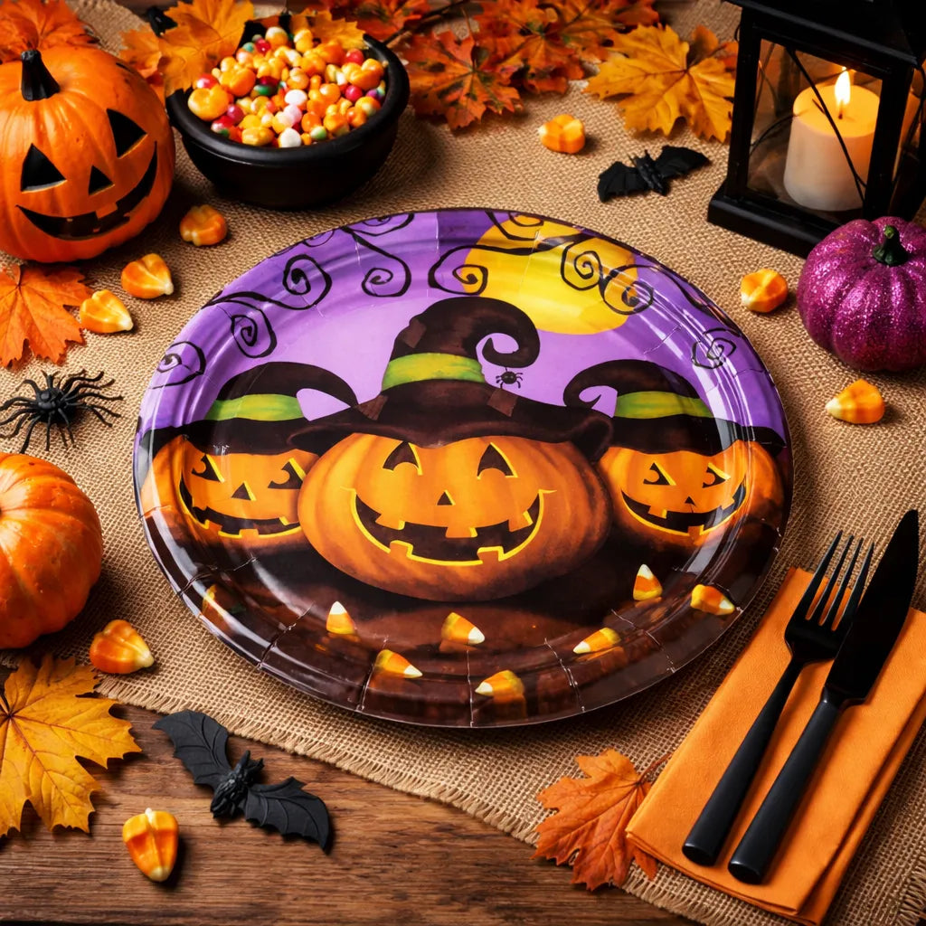 Assiette Jetable Citrouilles Halloween Violet