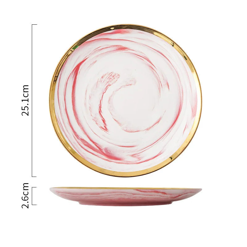 Assiette Rose Marbré à Bord Doré Unique
