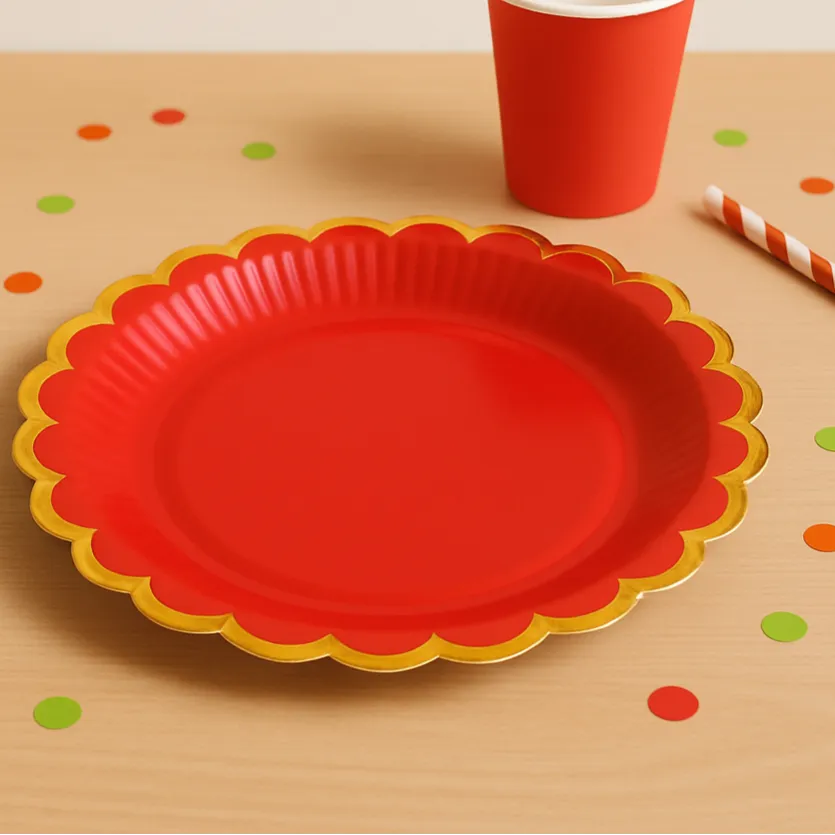 Assiette Rouge en Papier Dentelle Dorée stylé