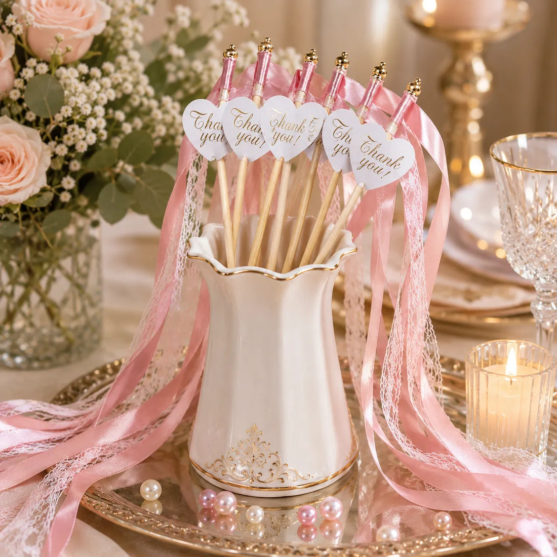 Baguette De Rubans Roses Avec Etiquette chic