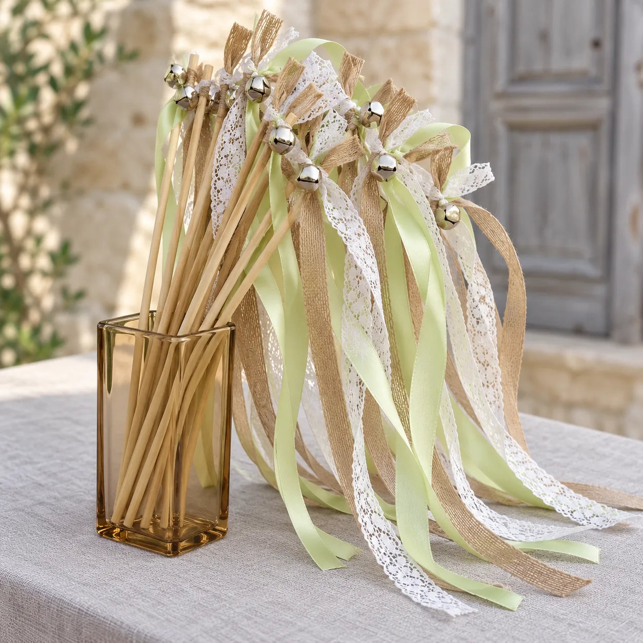 Baguette à Rubans Mariage Vert Tendre Minimaliste