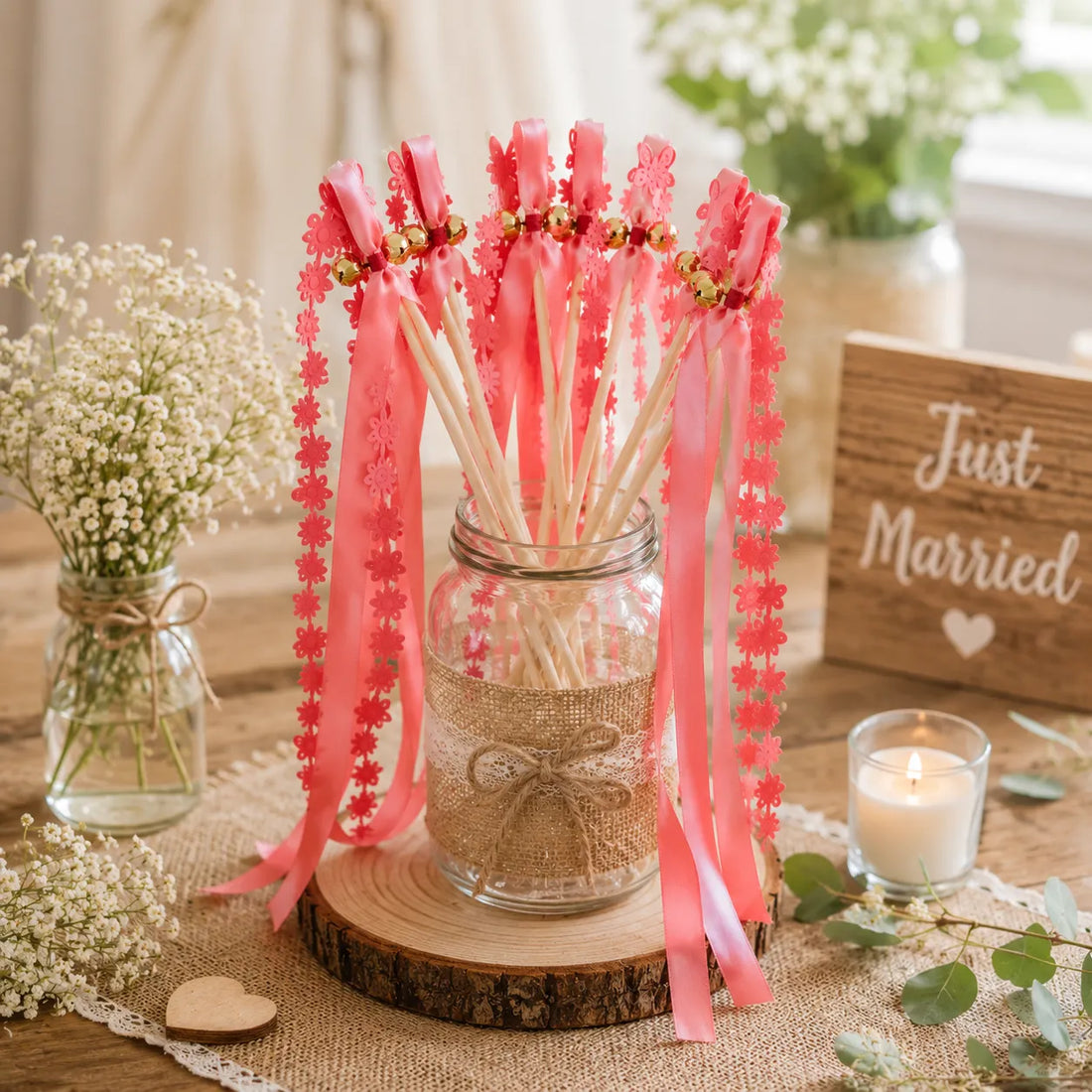 Baguette de Ruban Rouge Fleurs et Papillons 