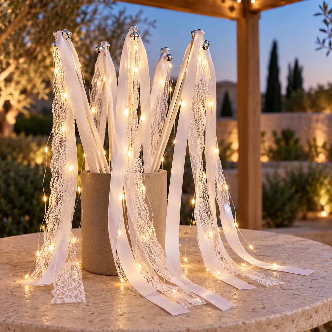 Baguette de Rubans Blancs Lumineux Chic