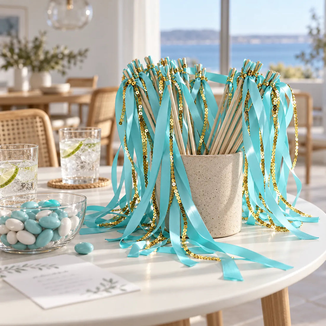 Baguette de Rubans Bleu à Feuillages Dorés Turquoise