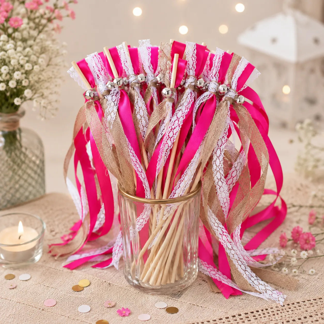 Baguette de Rubans Fuchsia et Dentelles 