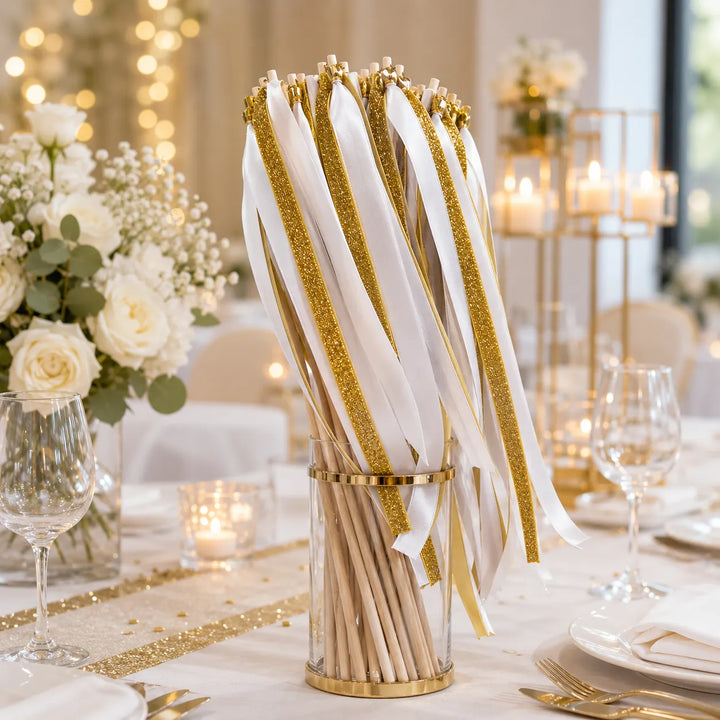 Baguette de Rubans Mariage Blanc et Or